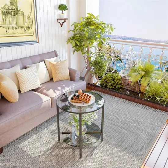 2 Tier Glass End Table Small Side Table Nightstand for Living Room Bedroom Grey {3}