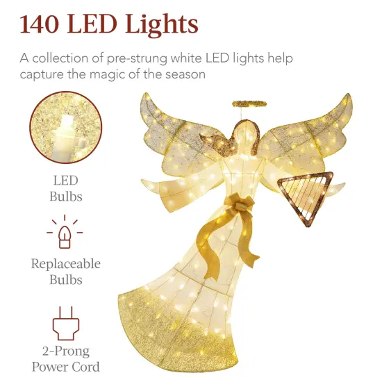 Best Choice Products 5ft Lighted Outdoor Angel Christmas Decoration for Lawn w/ 140 LED Lights, Harp, Bow, Ground Stakes Gold {4}