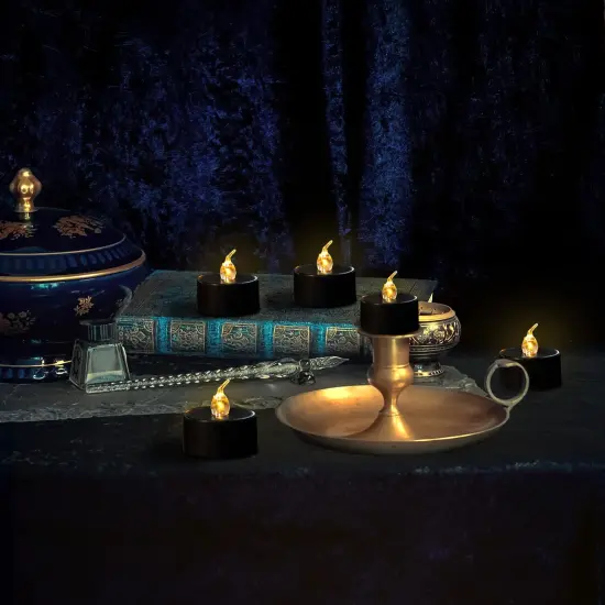 24 Pieces Black Tea Lights Candles &ndash; Flickering Warm Yellow Lights Flameless LED Candles &ndash; Long Lasting Battery Operated Fake Candles &ndash; Decoration for Wedding, Halloween and Christmas {4}