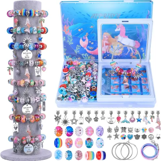 Charm Bracelet Making Kit – 72-Piece Mermaid & Unicorn Jewelry Craft Set for Girls Aged 5-12 {1}