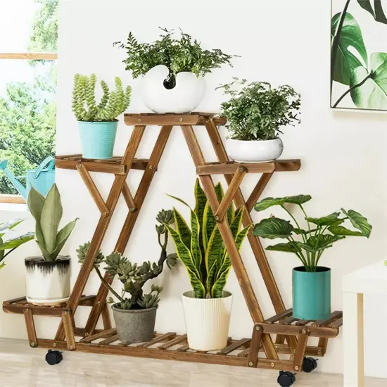 Indoor Outdoor Plant Stand Flower Pot Holder Rack Wood Shelf Wheels Heavy Duty {4}