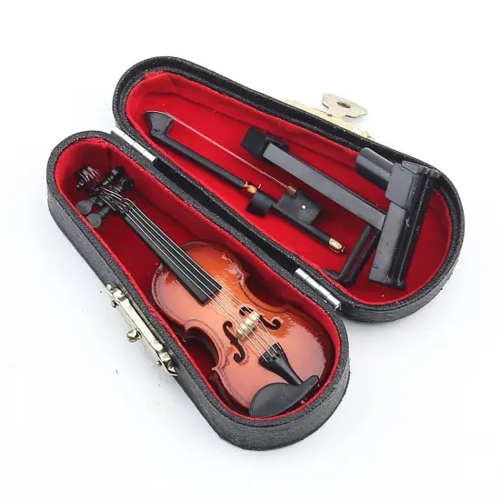 Wooden Miniature Violin with Stand,Bow and Case Mini Musical Instrument Miniature Dollhouse Model Home Decoration (3.15"x1.18"x0.59") {5}