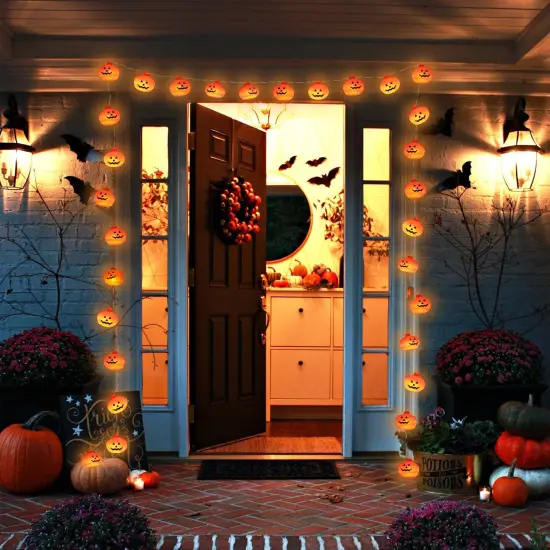Halloween Pumpkin String Lights - 20 LED 9.8ft 3D Cute Waterproof Orange Jack-O-Lantern Battery Operated Lights, 2 Modes Steady/Flickering Lights for Indoor Outdoor Decor Party Decorations {6}