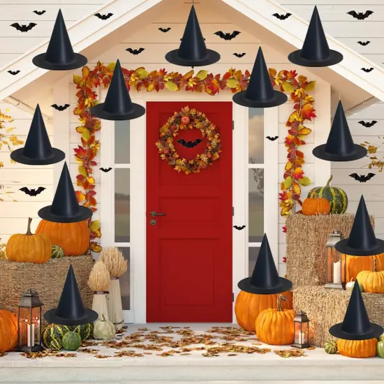 Witch hat 12 Pack Halloween Witch Hats with 108 Feet Hanging Rope 32Pcs 3D Bats, Hanging Witch Hats Halloween Decor Witches Costume Accessory for Halloween Party Favor {1}