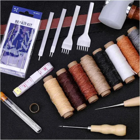 35 Pieces Leather Stitching Pouch Kit with 4mm Prong Sewing Hole Punch, Leather Sewing Tools, Waxed Thread and Large-Eye Stitching Needles for Beginner Leather Sewing Working Crafting Projects {3}
