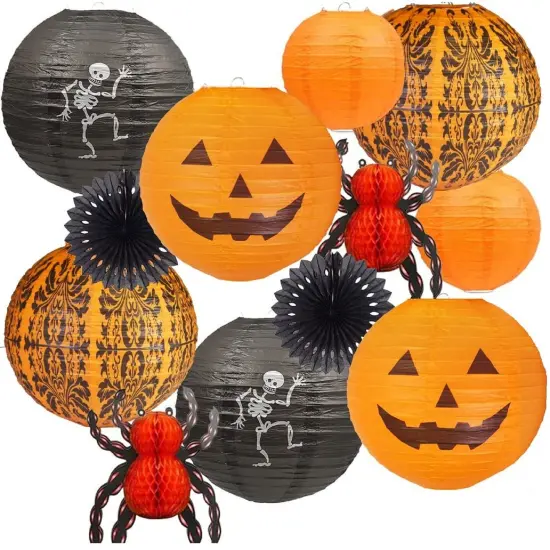 12 Pieces Halloween Hanging Decorations Paper Lanterns, Jack-O'-Lantern Spider Skeleton Pumpkin for Indoor & Outdoor Spooky Home Decor, Party Supplies Props, 12" & 8" (Orange, Black) {2}