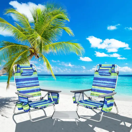 Costway 2-Pack Folding Backpack Beach Chair Table Set 5-Position Outdoor Reclining Chair Blue/Navy/Pink/Pattern/Flower/Yellow {7}