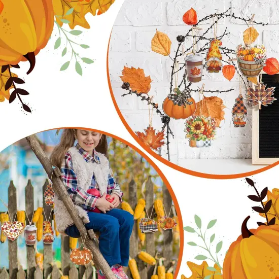 36 Pieces Fall Tree Decorations Thanksgiving Gnomes Ornaments for Tree Wooden Hanging Ornaments Pumpkins Leaves Flowers Cutouts Autumn Decorations for Holiday Party Supply(Cute Style) {4}
