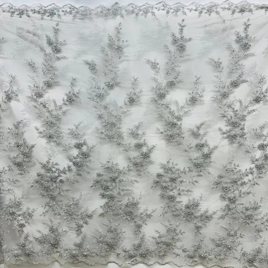 1 Yard Beaded Floral Lace Fabric Embroidered on 100% Polyester Net Mesh 51" Width Silver {1}