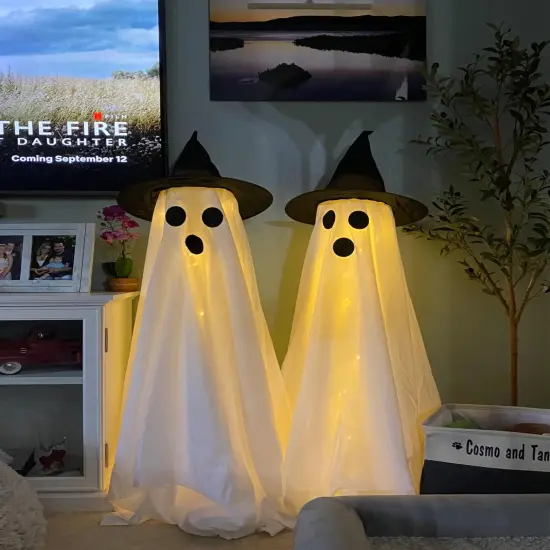 Halloween Decorations Outdoor Indoor 2pcs Spooky Ghost with Witch Hat Scary Ghosts with LED Lights Halloween Decor for Yard Garden Lawn {5}