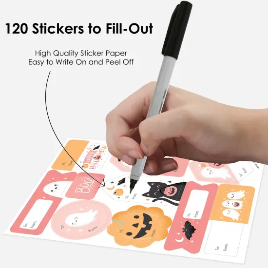 Big Dot of Happiness Pastel Halloween - Assorted Pink Pumpkin Birthday Party Gift Tag Labels - To and From Treat Stickers - 12 Sheets - 120 Stickers {4}