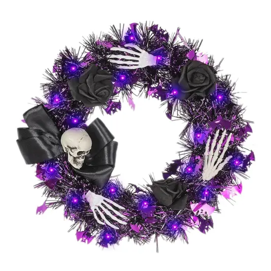 Halloween Black Rose Wreath with Lights - 13 Inch {1}