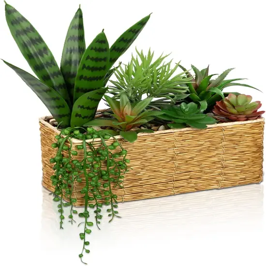 Artificial Succulent Plant Arrangement Centerpiece Assorted Fake Snake Succulents in Rectangular Woven Basket 12" Faux Potted Succulents for Indoor Home Office Table Windowsill Shelf Decor {1}