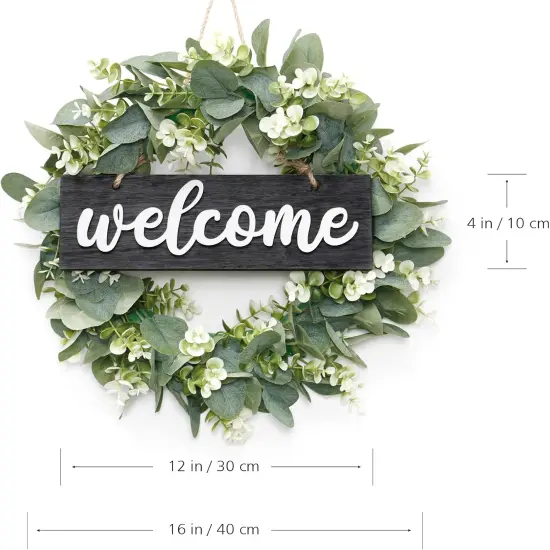 Wreath for Front Door 16 Inch Eucalyptus Leaves Wreath Green Leaves Wreath with Welcome Sign Door Wreath Spring Summer Wreath for Farmhouse Home Porch Indoor Outdoor Decor (Black) {3}