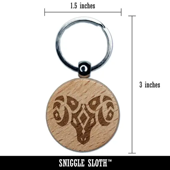 Southwestern Style Tribal Goat Ram Horns Engraved Wood Round Keychain Tag Charm {2}