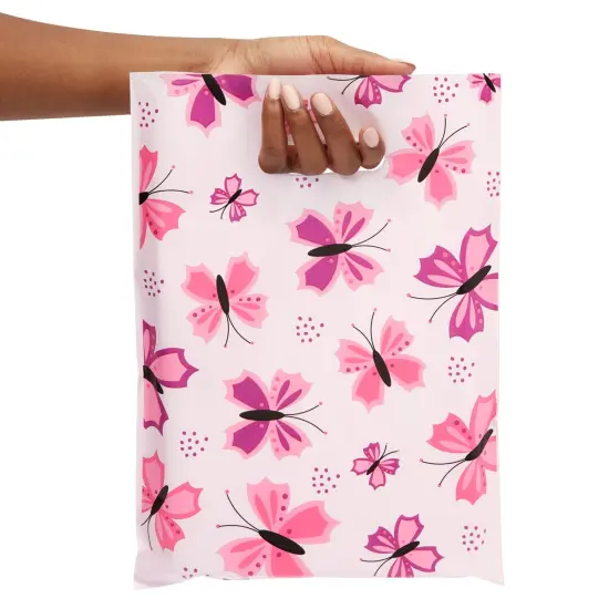 100 Pack 9 x 12 In Small Merchandise Bags with Handles for Boutique, Cute Butterfly Shopping Bags for Retail Business (Pink) {6}