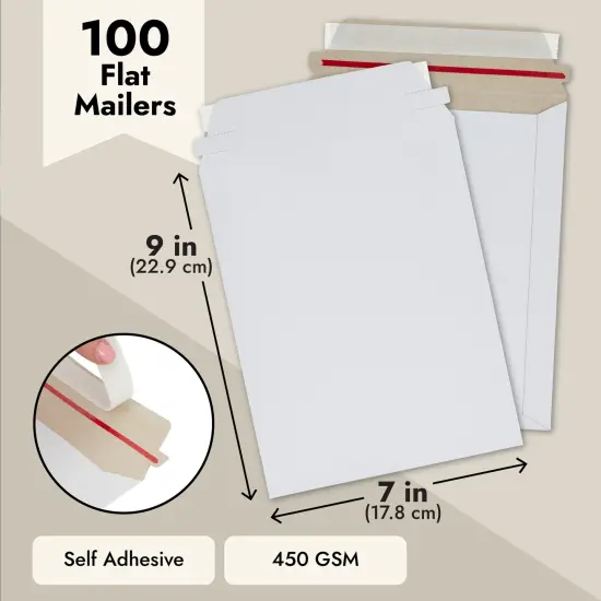 100-Pack Stay Flat Rigid Mailers 7 x 9 Inches with Self Adhesive Seal, Bulk White Cardboard Envelopes for Shipping Photo, Documents, Letters, Packaging Supplies {5}
