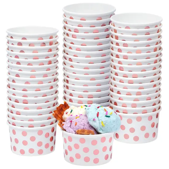 50-Pack Paper Ice Cream Cups for Frozen Yogurt, Sundae Bar, Parfaits, Treats, Diners, Restaurants, Bakeries, Disposable Dessert Bowls with Rose Gold Foil Polka Dots (8 oz) White {1}