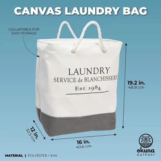 Canvas Laundry Basket with Handles for Bathroom, Bedroom (White and Gray, 60 L Capacity, 12x16x19.2 In) {4}