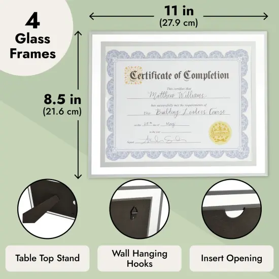4 Pack 8.5x11 Glass Certificate Frames with Stand for Documents, Diplomas Awards, for Tabletop, Hanging {4}
