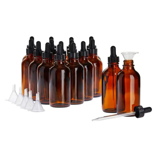 15 Pack of 4oz Amber Glass Bottles with Dropper Dispenser and 6 Funnels for Essential Oils, Travel, Perfumes, Liquids, Hair and Body Oils (21 Total Pieces, 120ml) {1}