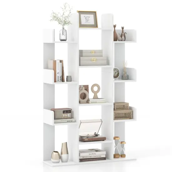Costway 1/2 PCS Bookshelf Tree-Shaped Bookcase with 13 Storage Shelf Rustic Industrial Style White/Coffee {7}
