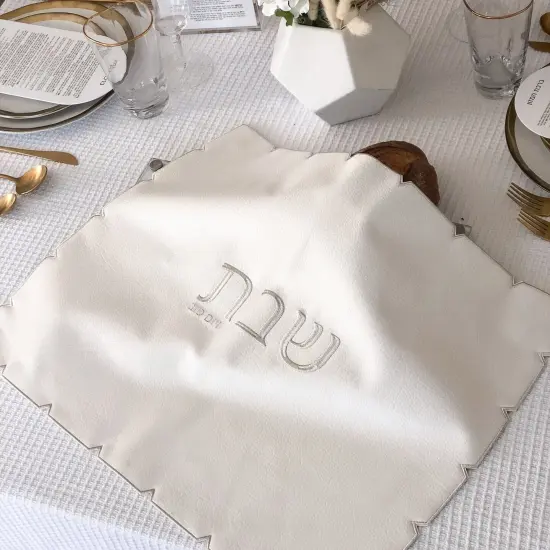 White Embroidered Leatherette Challah Cover {5}