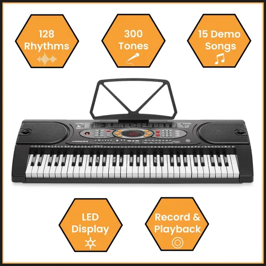 Hamzer 61-Key Electronic Keyboard Portable Digital Music Piano with H-Stand, Stool, Headphones, Microphone, & Sticker Set {2}