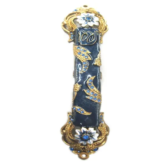 Metal Mezuzah Case Gold Blue White with Blue Crystal {1}