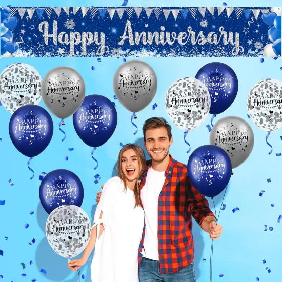 Blue Happy Anniversary Decorations - Banner and 18pcs Balloons {5}