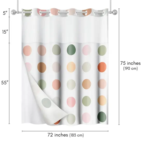 Americanflat 72x75 Hookless Shower Curtain - Polka Dot Green Orange Pink Shower Curtain with Sheer Panel, Snap-In Liner, and Grommets {2}