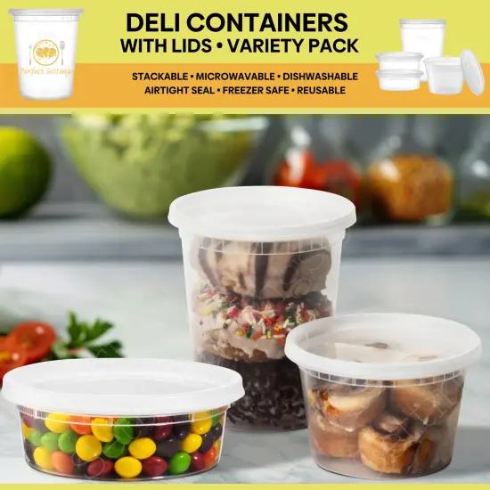 Perfect Settings Plastic Deli Containers with Lids [44 Sets] Variety Pk 8oz, 16oz & 32oz | Leakproof, Freezer Safe Soup & Food Storage | Microwavable Food Containers with Lids {3}