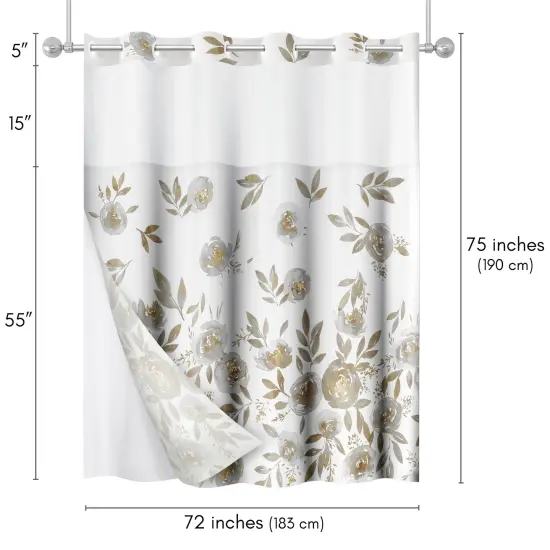 Americanflat 72x75 Hookless Shower Curtain - Floral Gold Grey Shower Curtain with Sheer Panel, Snap-In Liner, and Grommets - 100% Polyester {2}
