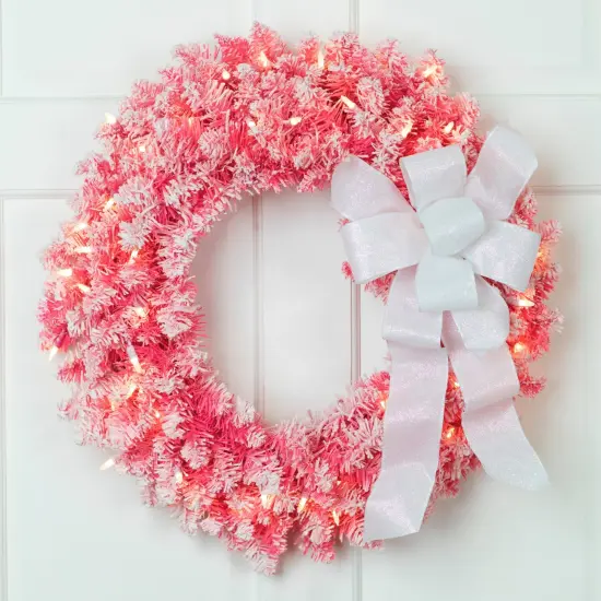 Northlight Pre-Lit Flocked Pink Artificial Christmas Wreath - 24"- Clear Lights {1}