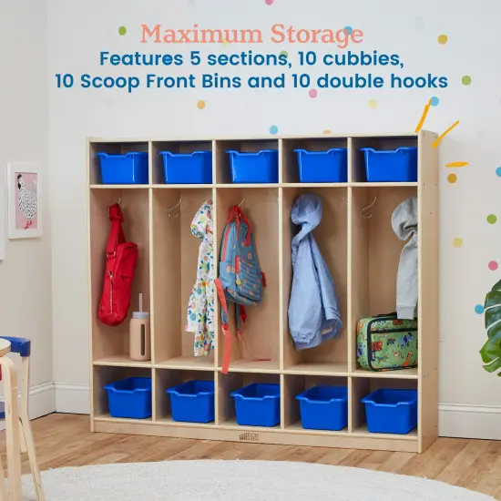 5-Section Coat Locker with 10 Scoop Front Storage Bins, Natural Blue {5}