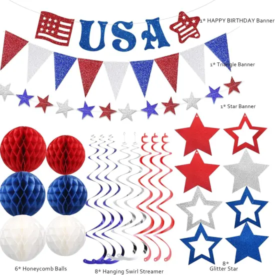 4th of July Patriotic Decorations Set,Red White Blue Honeycomb Ball,Star Hanging Swirl,star Garland {4}