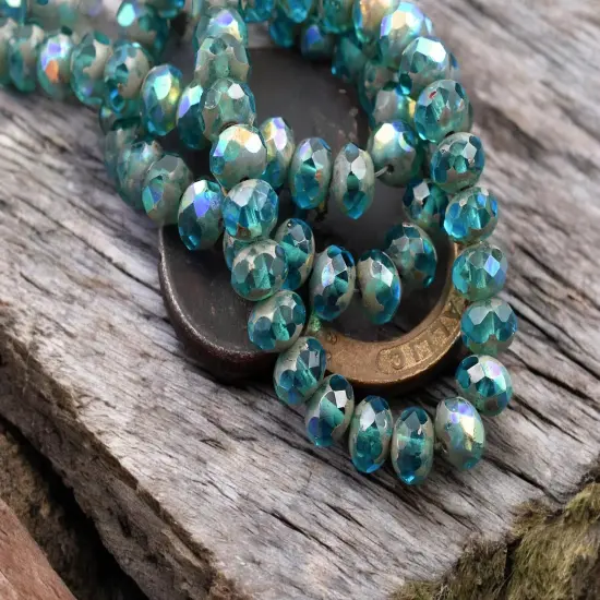 *25* 6x8mm Pacific Blue AB Picasso Fire Polished Rondelle Beads {2}