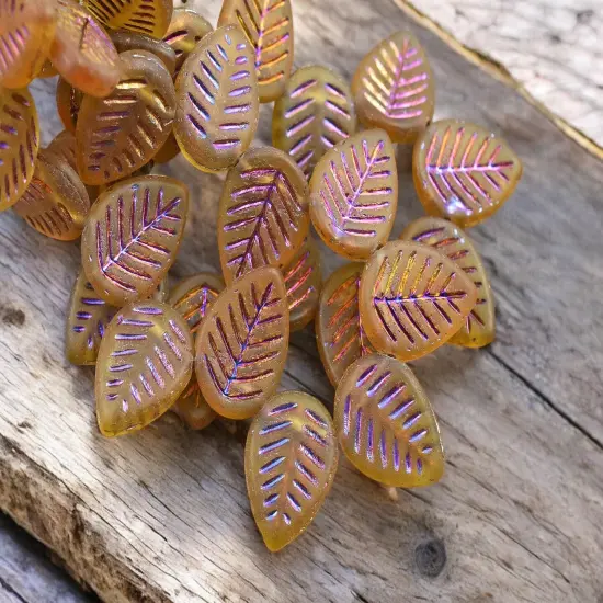*15* 16x12mm Metallic Volcano Washed Matte Topaz Top Drilled Doogwood Leaf Beads {5}