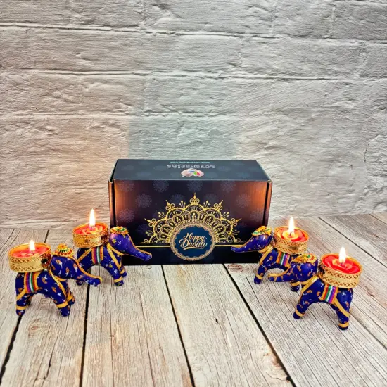 Personalized Diwali Gifts Hamper Set of 4 Elephant Tealight Candle Holder Diwali Custom Gifts Boxes Indian Festival Deepawali Hamper for Employees Home Office Friends Family - Return Gift {2}
