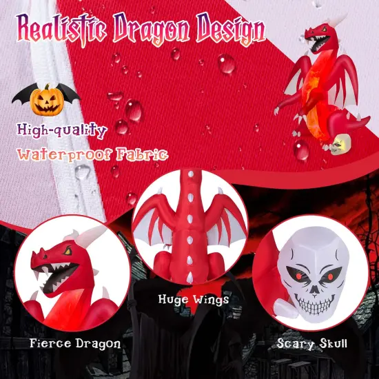 Costway 8 FT Halloween Inflatable Red Dragon with Wings & Skull Holiday Decoration Light {6}