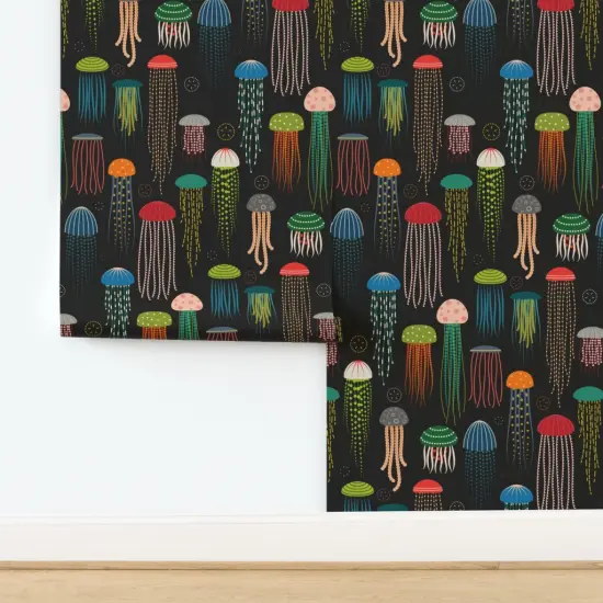 Pre-Pasted Wallpaper 2FT Wide Colorful Jellyfish Sea Creatures Ocean Animals Under The Nautical Beach Custom Pre-pasted Wallpaper by Spoonflower {2}