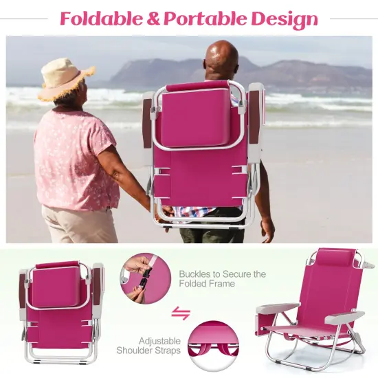 Aluminum Reclining Beach Chairs with Storage Set of 2 Pink {6}