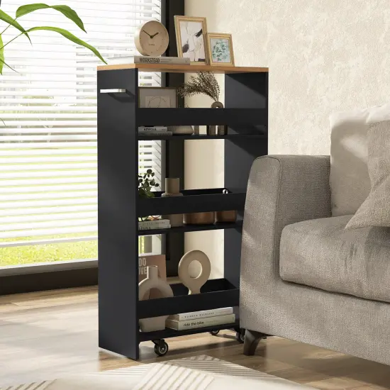4-Tier Rolling Storage Cart Slim Kitchen Cart on Wheels with Open Shelves and Handle Black {3}