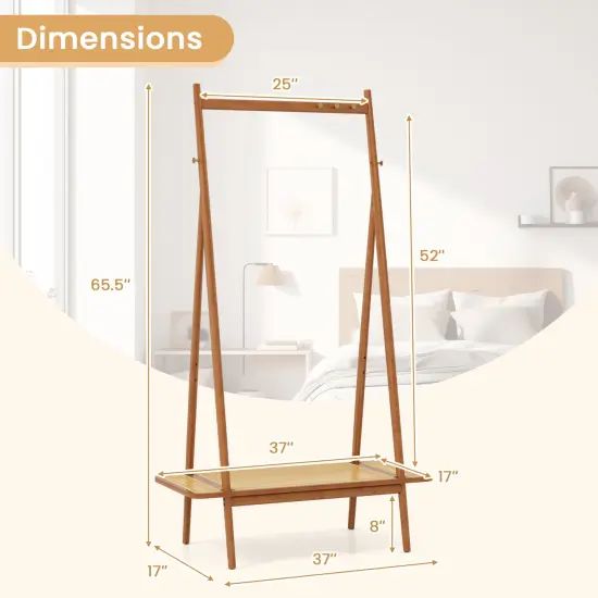 Wicker Clothes Rack with Hanging Rod Rattan Shelf and Copper Hooks Brown {5}