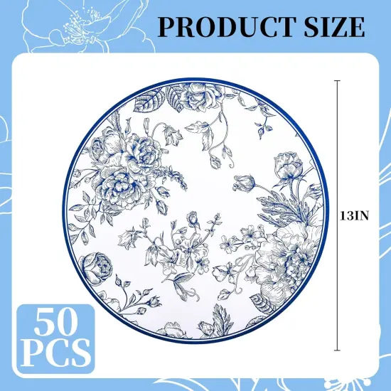50Pcs Blue Floral Paper Placemats Chinoiserie Round Disposable Place Mats Blue Flower Banquet 13 Inch Paper Cutouts for Hanukkah Table Setting Wedding Birthday Party Supplies (Blue) {2}