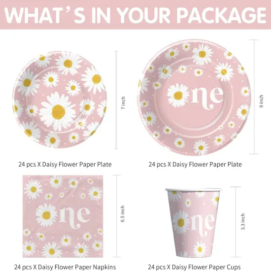 Daisy 1st Birthday Decorations Party Tableware Set, Groovy Retro Floral Daisy First Birthday Party Supplies, Paper Plate, Napkin, Cup, Tablecloth, Disposable Cutlery | Serves 24 {2}
