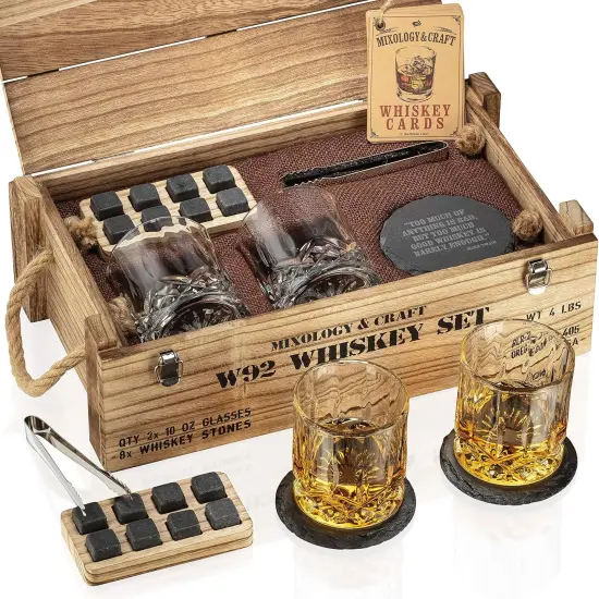Whiskey Stones Gift Set, Whiskey Glass and Stones Set with Wooden Army Crate, 8 Granite Whiskey Rocks Chilling Stones and 10oz Whiskey Glasses, Whiskey Gift for Men, Dad, Husband {2}