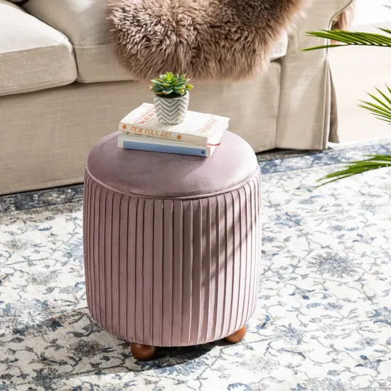 Modern Dusty Pleated Velvet Upholstered Storage Ottoman or Accent Stool with Rubberwood Ball Feet Pink {3}