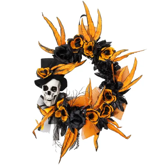 Northlight Skull with Roses Artificial Halloween Wreath - 14" - Black and Orange - Unlit {3}