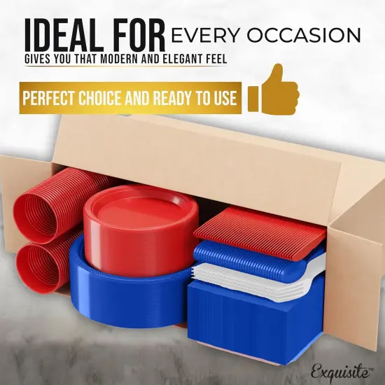 Exquisite 350 Pcs Plastic Plates for Party &ndash; Disposable Plates Set &ndash; 50 Each of 9" Dinner Plates, 7" Dessert Plates, Plastic Cups, Napkins & Plastic Cutlery &ndash; Plastic Dinnerware by Party Solids Red White & Blue {4}